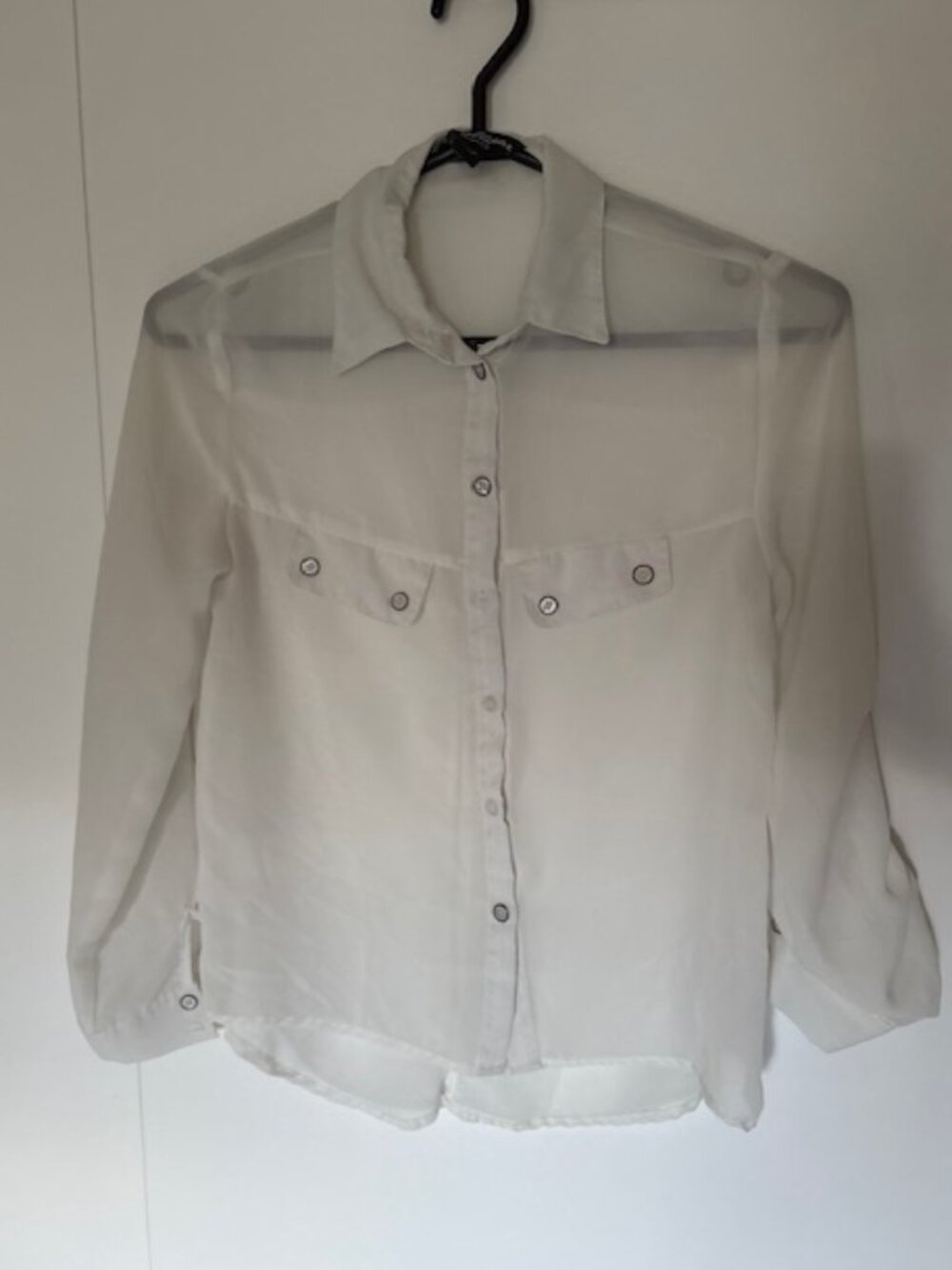 Sheer White Button-up Collared Blouse with Adjustable Sleeves from Streetwear So